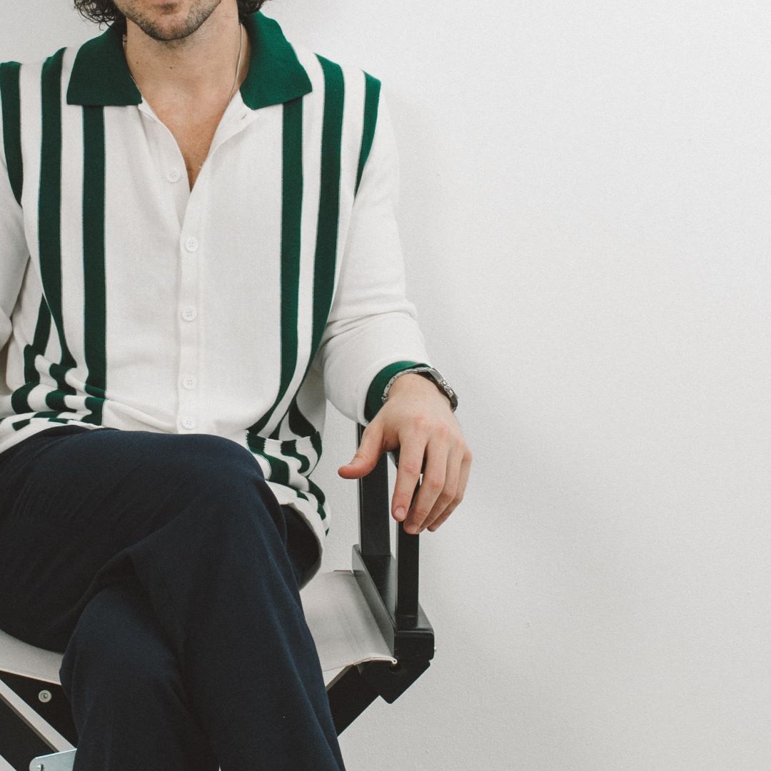 Men's Vintage Stripe Polo Cardigan - Vintage White / Forest Stripe