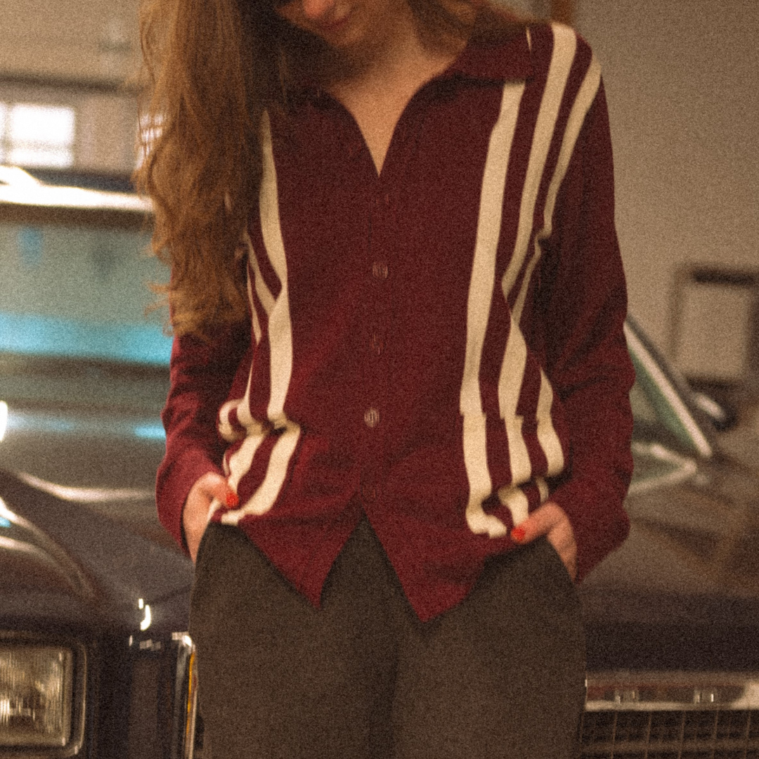 Women's Vintage Stripe Polo Cardigan - Burgundy / Cream Stripe