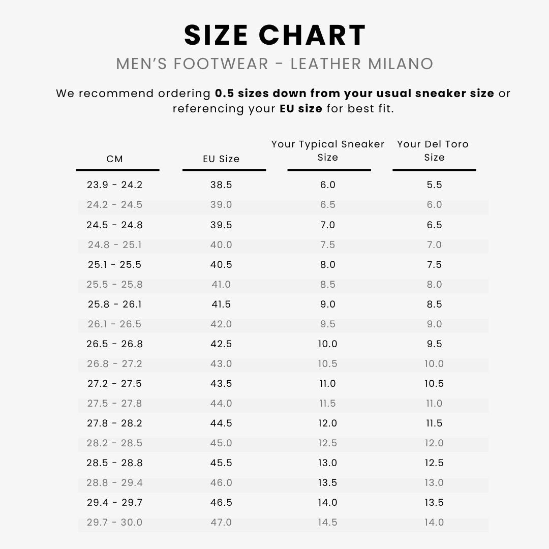 Size chart for men's footwear in CM, EU size, sneaker size, and Del Toro size.