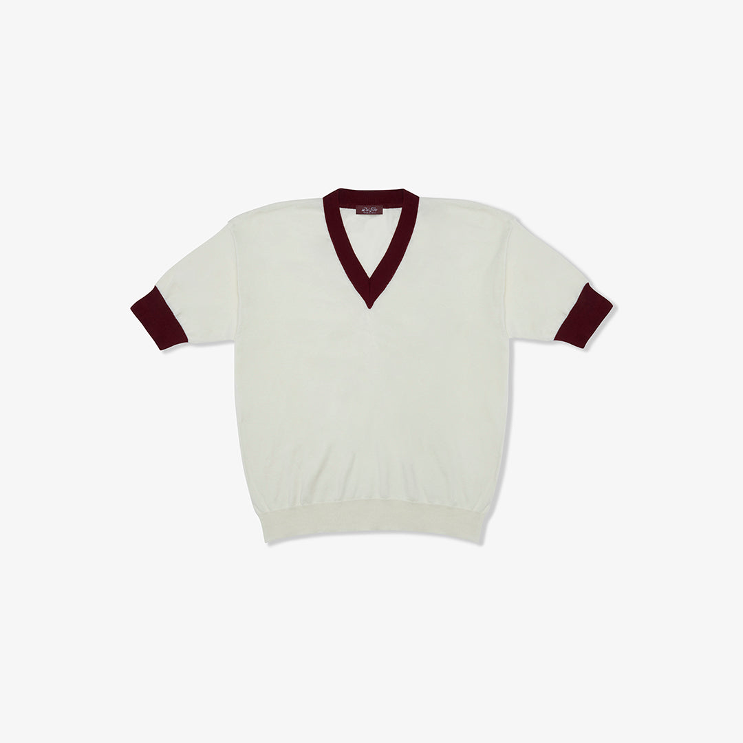 Women's Vintage Short Sleeve V-Neck Sweater - Vintage White / Burgundy