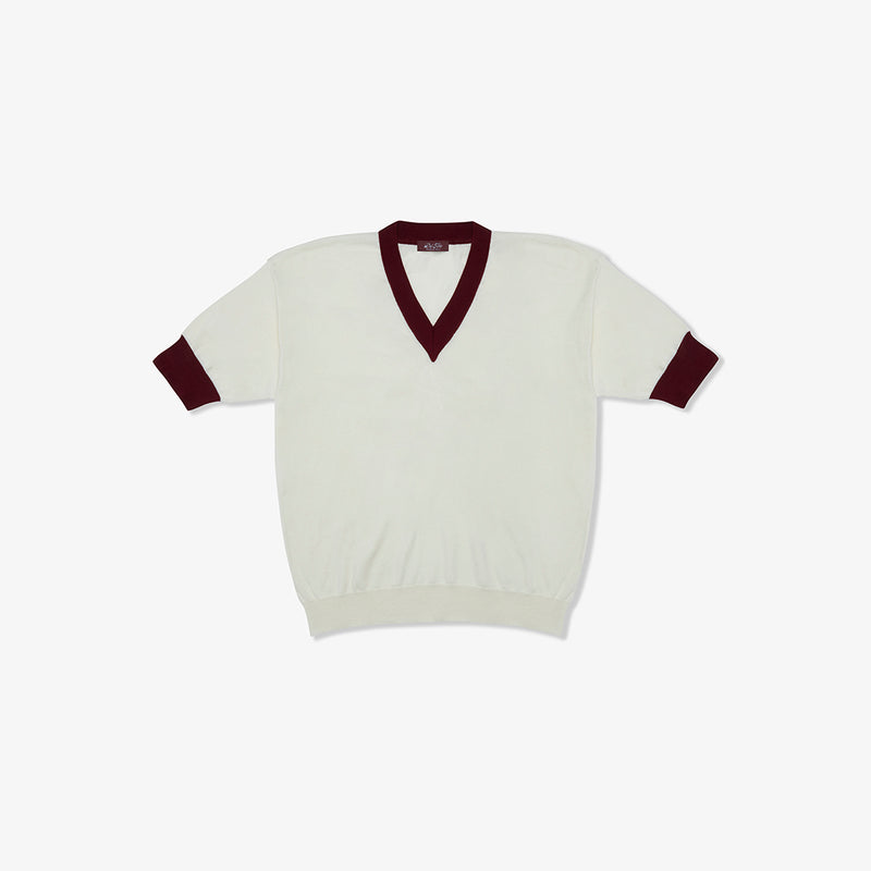 Women's Vintage Short Sleeve V-Neck Sweater - Vintage White / Burgundy