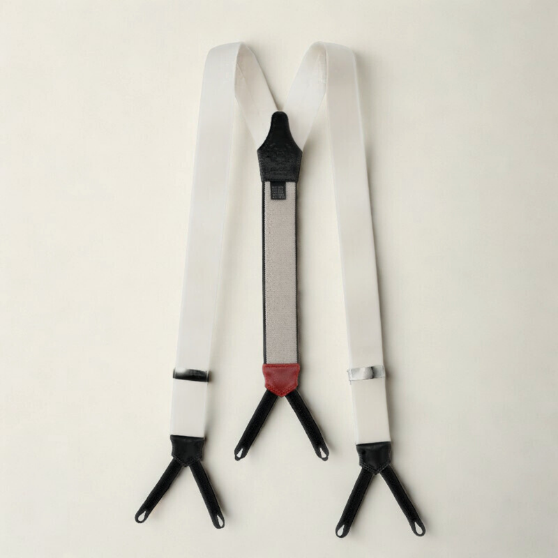 White Silk and Leather Suspenders