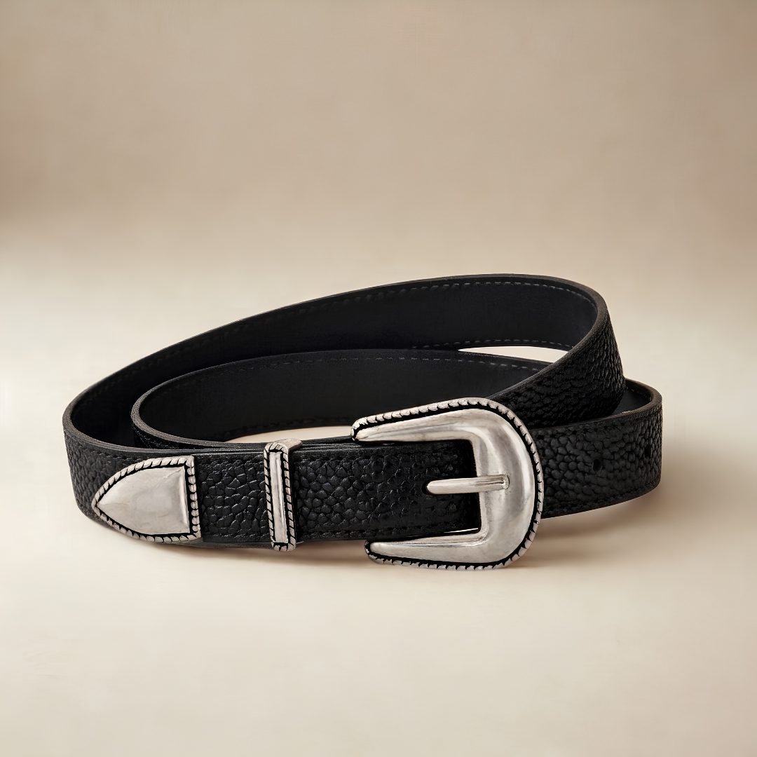 Western Belt - Black Pebbled Leather
